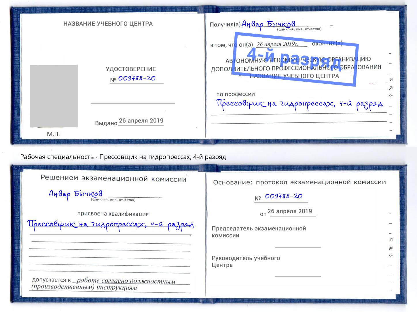корочка 4-й разряд Прессовщик на гидропрессах Вичуга