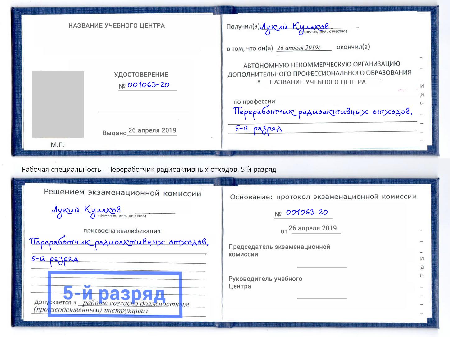 корочка 5-й разряд Переработчик радиоактивных отходов Вичуга