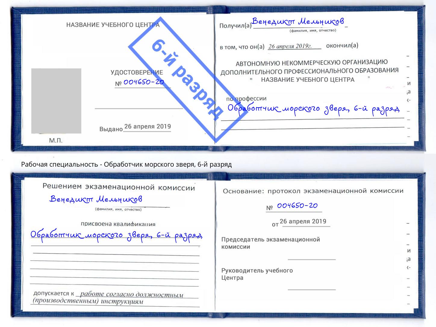 корочка 6-й разряд Обработчик морского зверя Вичуга