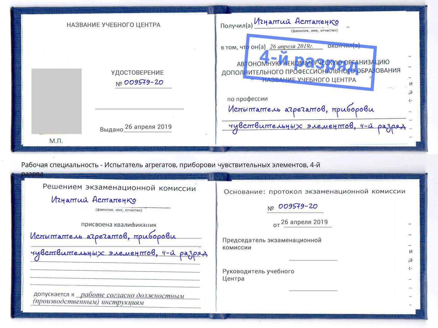 корочка 4-й разряд Испытатель агрегатов, приборови чувствительных элементов Вичуга