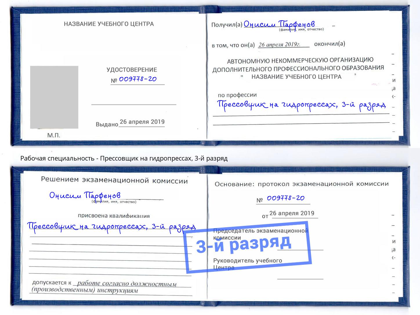 корочка 3-й разряд Прессовщик на гидропрессах Вичуга