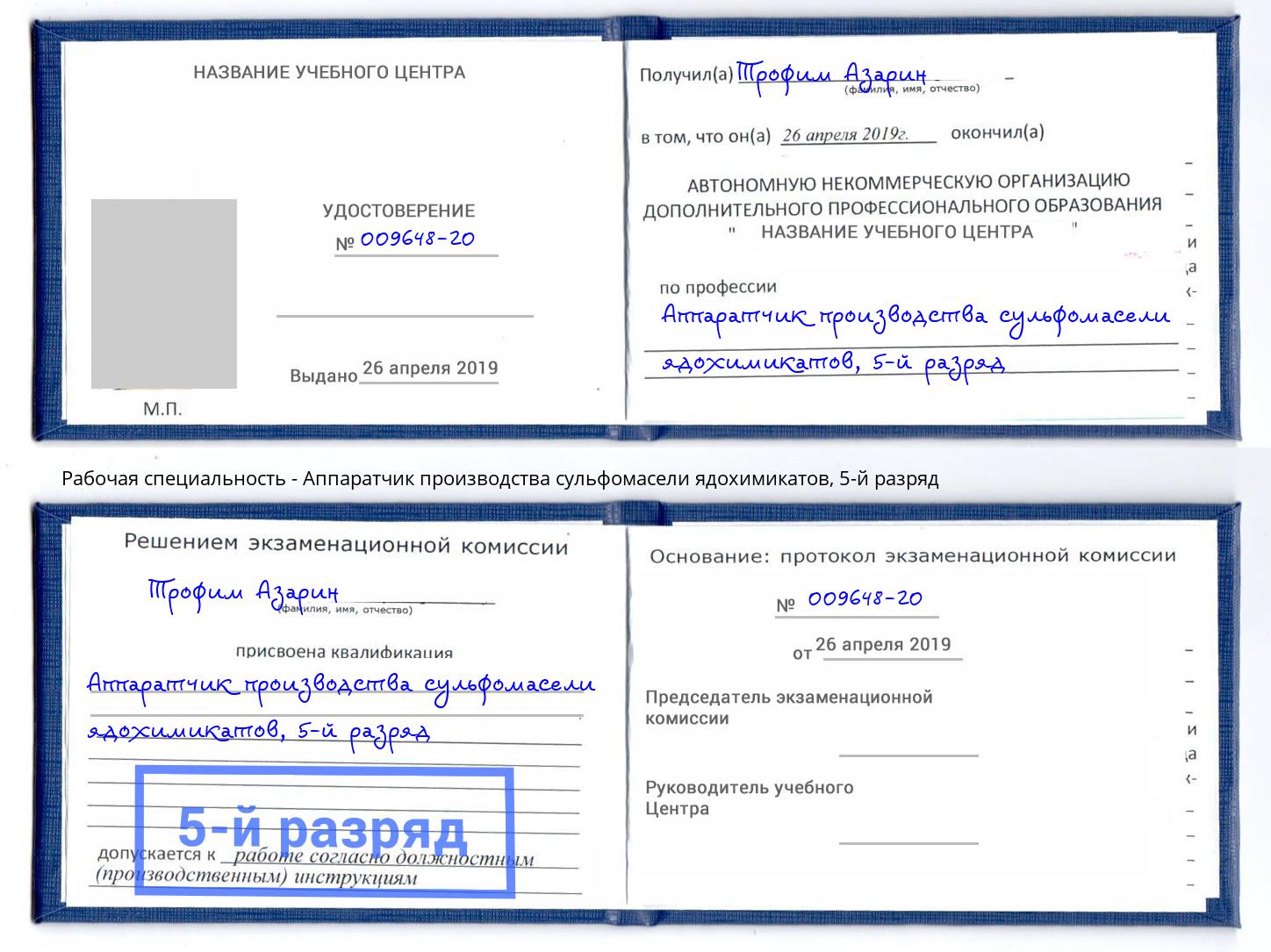 корочка 5-й разряд Аппаратчик производства сульфомасели ядохимикатов Вичуга