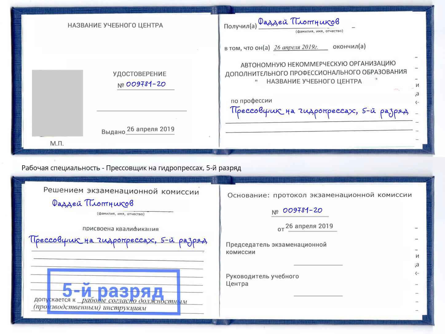 корочка 5-й разряд Прессовщик на гидропрессах Вичуга