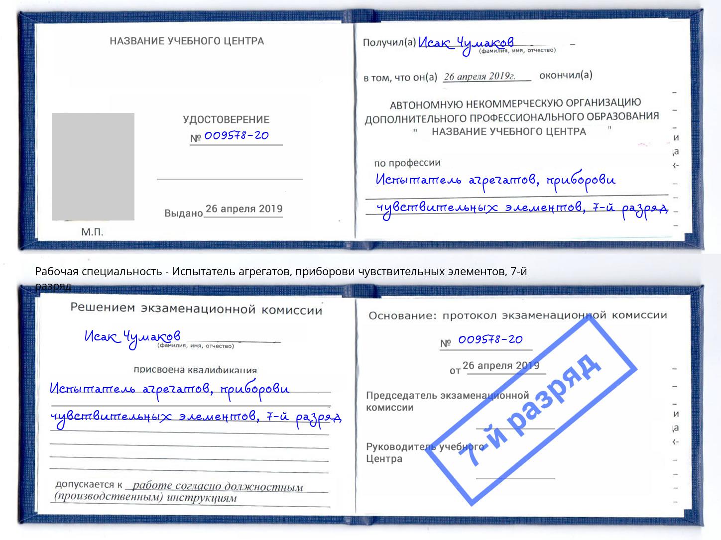 корочка 7-й разряд Испытатель агрегатов, приборови чувствительных элементов Вичуга