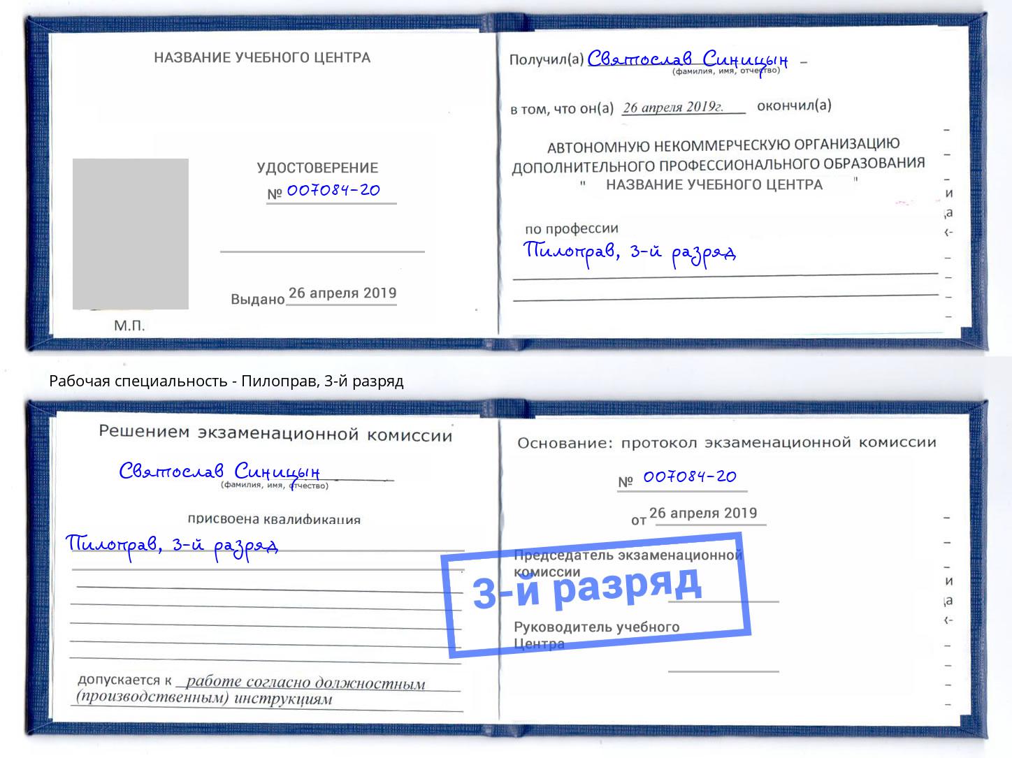 корочка 3-й разряд Пилоправ Вичуга