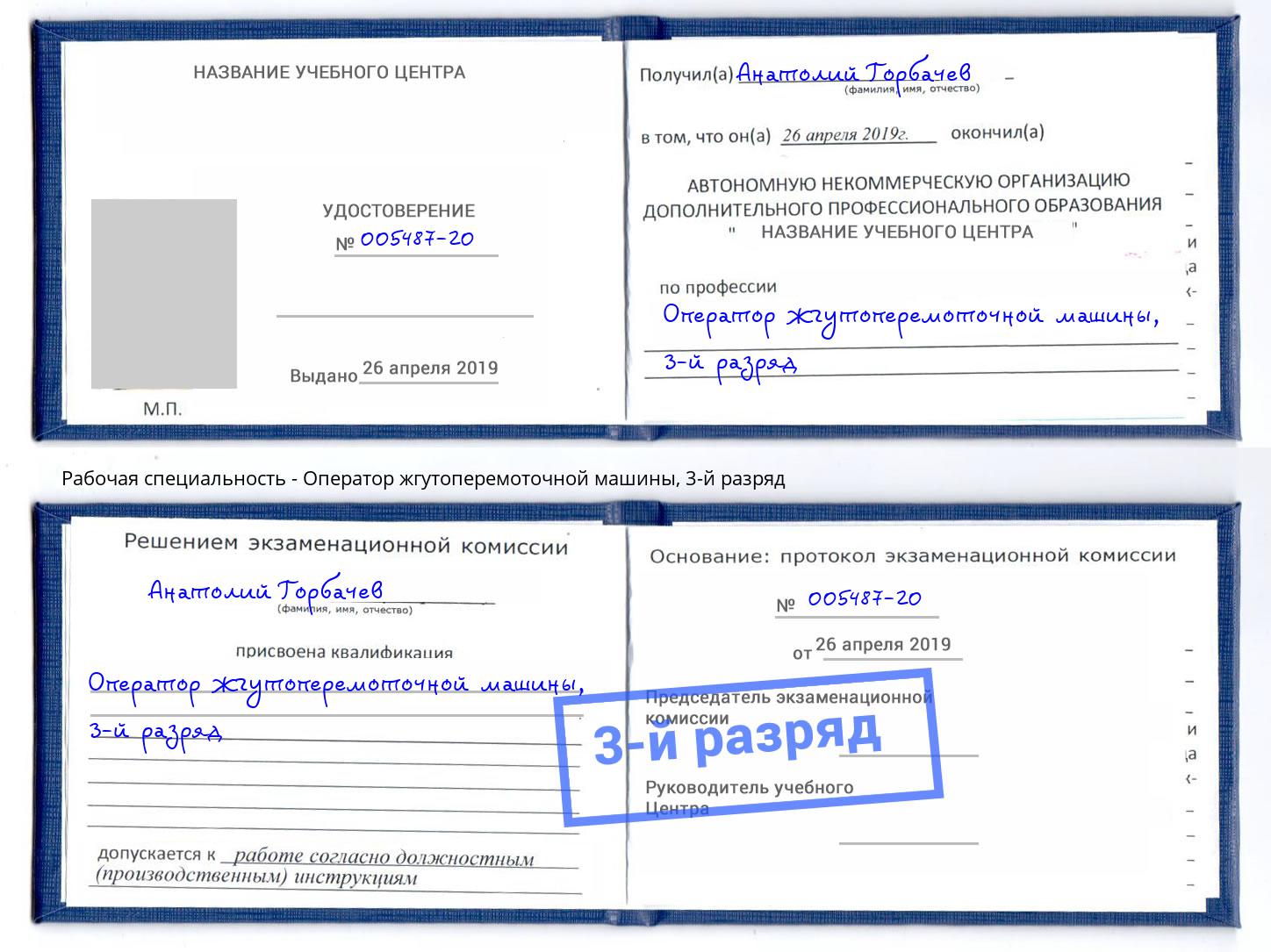 корочка 3-й разряд Оператор жгутоперемоточной машины Вичуга