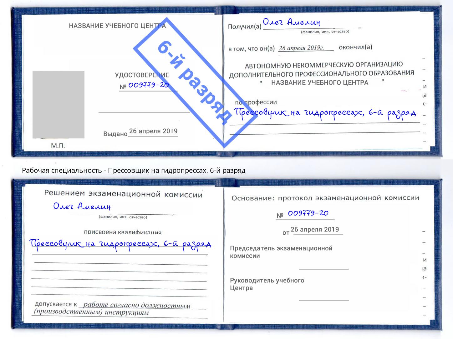 корочка 6-й разряд Прессовщик на гидропрессах Вичуга